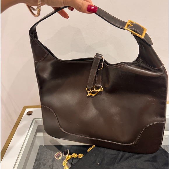 Authentic VINTAGE HERMES DARK BROWN LEATHER TRIM II BAG - Picture 2 of 9